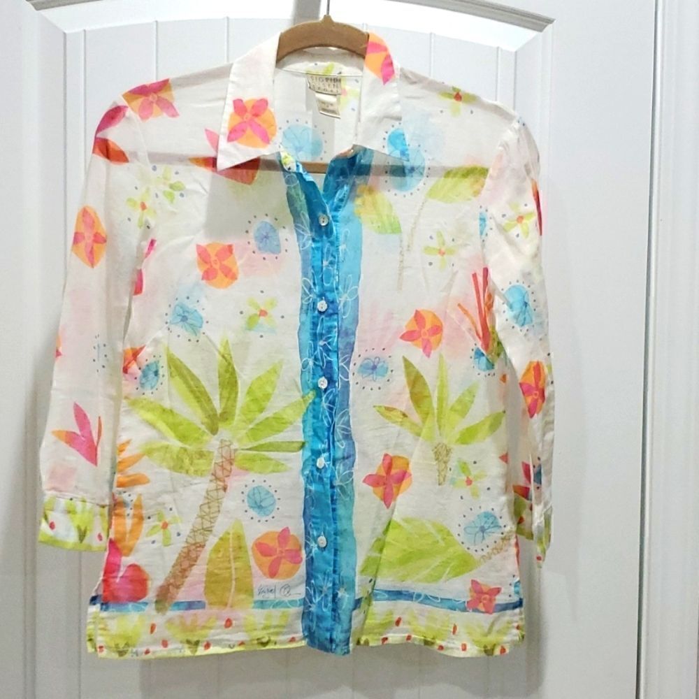 Sigrid Olsen, Vintage y2k Maximalist Floral Spring lightweight Tropical Shirt,PS